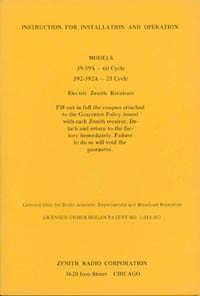 Zenith Instructions for Models 39, 39A, 392, 392A. (reprint).